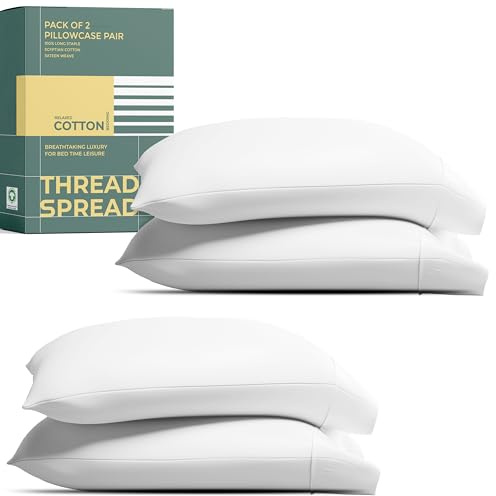 THREAD SPREAD 100% Organic Cotton King Size Pillow Cases Set of 2 - Natural Cooling Percale Weave Pillow Cases King Size (White), Soft, Crisp & Breathable Organic Pillowcases, GOTS Certified