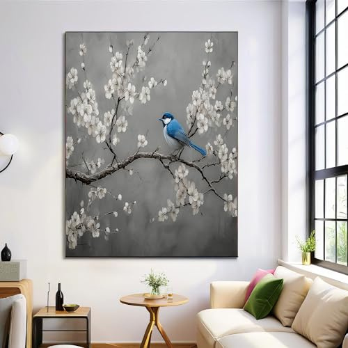 GDJSMIN Pittura Paesaggio Cinese Piccolo Uccellino Azzurro Fiori Prugna Bianca,30×40 Cm Stampe Da Parete Quadro Verticale Su Tela Canvas Soggiorno,Grigio,Senza Cornice
