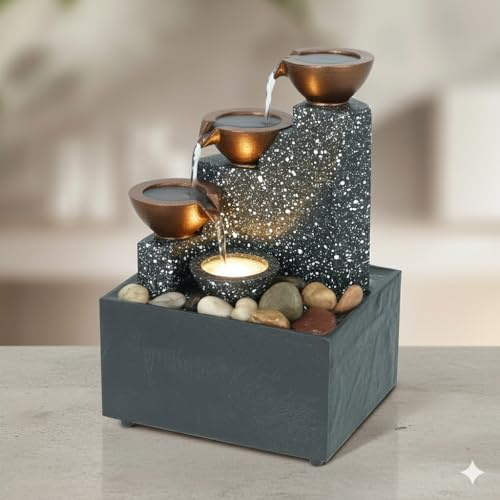 Tabletop Fountain, 3 Tier Light Up Indoor Desktop Water Fountain & River Rocks, Soothing Sound Zen Meditation Waterfall Fountain for Home/Office Decor, Living Room (Bronze)