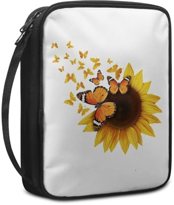 Bibelhülle Sonnenblumen Schmetterling Buchtasche für Männer Frauen Tragbar Buchhülle Stoff Leinwand Polyester Bibel Zubehör mit Reißverschluss Griffen Bibel Hülle 27.5x22.5x5.5 cm