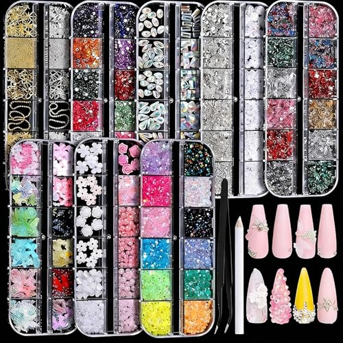 Tastetreasure 8 Box Super Value Nail Art Decoration Set, Over 10000+ Rhinestones, Glitter, 3D Flowers, Pearls & Metal Charms, Professional Nail Tech Supplies for DIY Manicure and Crafting