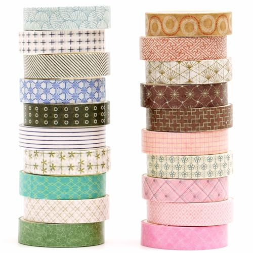 YUBX Enkel geometrisk washi-tejp set 20 rullar minimala mönster dekorativ tunn maskeringstejp för konst, gör-det-själv-hantverk, tidskrifter, planerare, klippbok, inpackning (3 juveltoner)