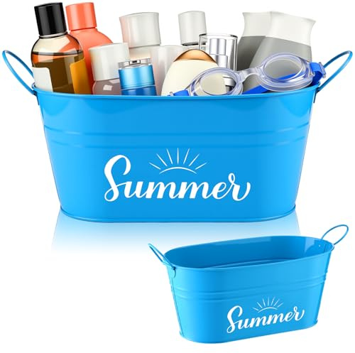 Blulu Summer Storage Bucket Metal Poolside Basket Above Ground Pool Bin Summer Basket Outdoor Storage for Sunscreen Goggles Flip Flop Spf Swimming Camping Beach Accessories Decor(Blue)