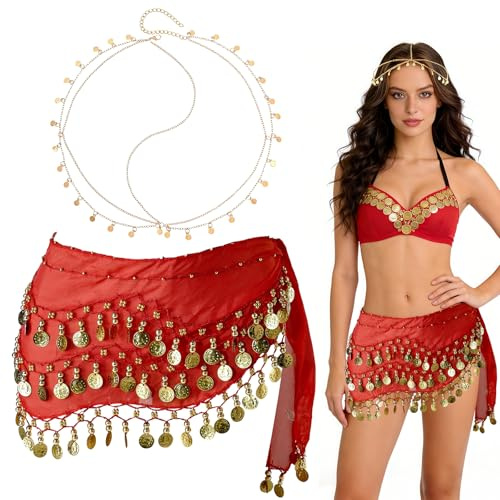 Pañuelo Danza del Vientre, Cinturón para Danza del Vientre con Monedas de Oro, Cadena de Cabeza Dorada, Diadema Dorada con Lentejuelas, Baile Oriental Bufanda de Danza del Vientre Disfraz de Carnaval