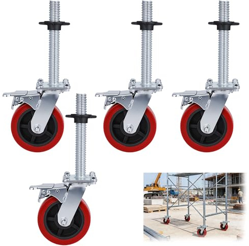 ohbien 4 Pack Scaffolding Wheels with Locking Brake, Scaffold Tower Casters | 6 inch Adjustable Adjustable Legs Heavy Duty Locking Rubber Wheel for Scaffolding Shelves Workbench Replacement Wheels