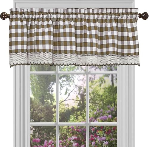 Achim Home Decor, Buffalo, Karierte Volant-Fenstervorhänge, 147 cm breit, 35,6 cm lang, braun und elfenbeinweiß kariert, lichtfilternd, Landhausstil, für Schlafzimmer, Wohnzimmer und Esszimmer