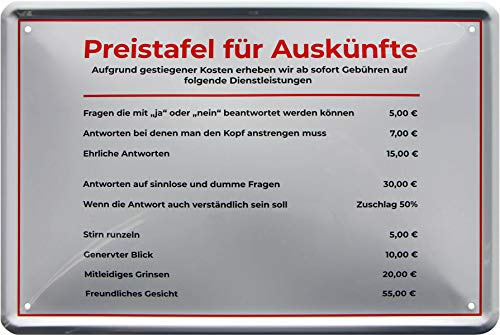 Preistafel für Auskünfte 20 x 30 cm Witziges Deko Blechschild 790