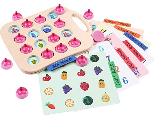 Zerodis Memory Matching Chess Toy, Wooden Pairing Puzzle Game Playset, 6 Big Patterned Cards, Pink, Ages 3-6