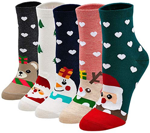 LOFIR Chaussettes de Noël Fantaisie Femmes: Chaussettes Bonhomme de Neige Socquettes Motif à Animaux pour Fille taille 35-4 5 paires