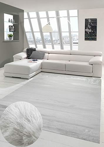 Teppich Kunstfellteppich Hochflor Faux Fur Hasenfell Uni Silber Größe 80 x 300 cm