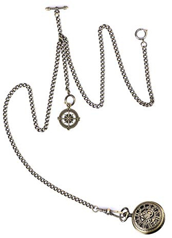 SIBOSUN Men's Double Albert Chain Pocket Watch T-Bar Watch Chain Curb Link Key Chain 3 Hooks with Antique Compass Pendant Design Charm Fob Bronze