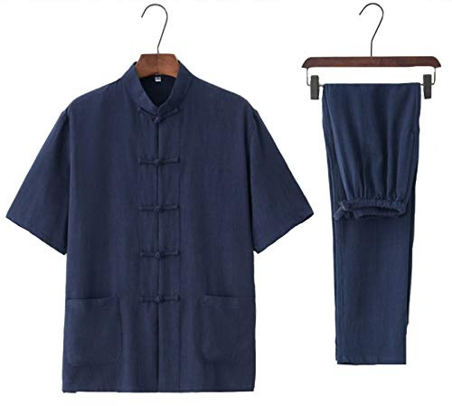 Tai Chi uniform linne - kampsport traditionella kinesiska set herr dam kläder shaolin kung fu wing chun taekwondo bomull träningskläder, marinblå-M