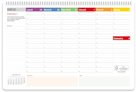 Planner 2026 Settimanale da Tavolo SPIRALATO con tutte le DATE 2026 STAMPATE in Carta ECOLOGICA Certificata FSC® Mix Credit - Planning 2026 perfetto per casa e ufficio con ANGOLI ANTIORECCHIE (32x21)
