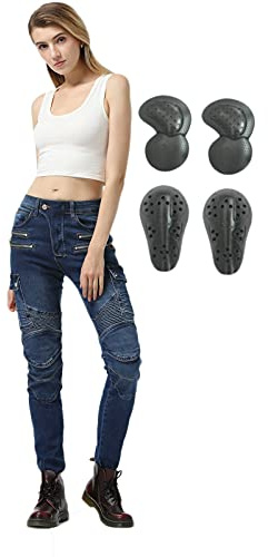 SHAIYOU Womens Motorcycle Trousers,Ladies Motorbike Protective Jeans Armoured Riding Motocross Stretch Racing Pants with Zip Pockets and 4 Removable Armour (Blue,M)