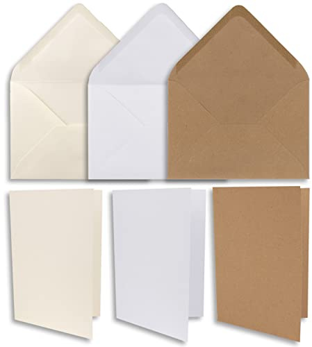 45x Faltkarten Set DIN B6 mit Briefumschlägen in Weiß, Creme und Kraftpapier Braun - Nassklebung, spitze Klappe - für Einladungen und Grußkarten