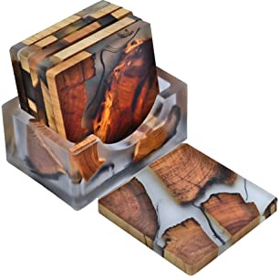 Saumo Untersetzer quadratisch für Gläser 6er Set Ink. Halter - Quadratische Design Glasuntersetzer für Getränke, Tassen, Bar, Glas - Tischuntersetzer Echt - Holz/Epoxidharz Resin Dekoration