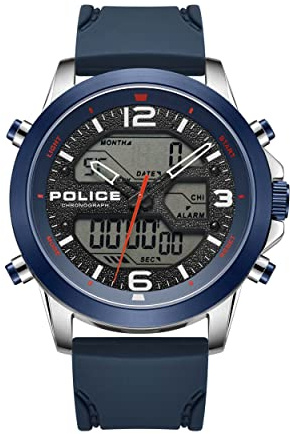 Police Rig Mens Digital Watch with Blue Dial and Blue Silicone Strap, 47mm Stainless Steel Case in Branded Watch Box PEWJP2194740-2 Year Warranty