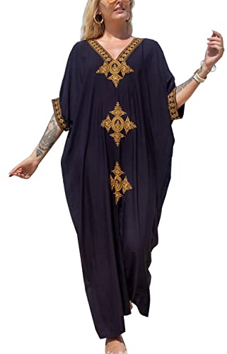 YouKD sommar broderad lång kaftan bohemisk kimono strand baddräkt täcka upp maxiklänning för kvinnor, G Svart Gyllene, en storlek