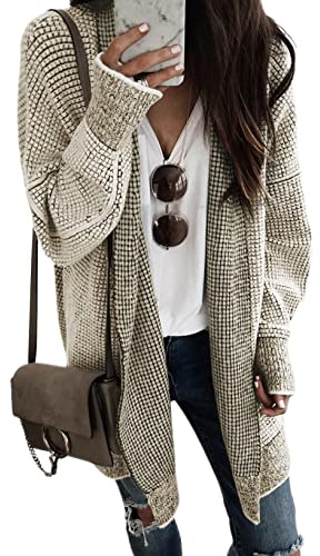Sidefeel Sweaters for Women Long Sleeve Open Front Chunky Knit Fall Outfits Trendy Checkered Oversized Cardigan Sweaters Winter Coats Apricot X-Large
