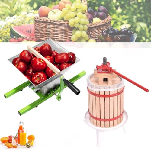 HENGMEI 18L Saftpresse Obstpresse Eiche Entsafter Weinpresse Maischepresse + 7L Obstmühle Obstzerkleinerer Fruchtpresse Maischemühle Zerkleinerer für Obst