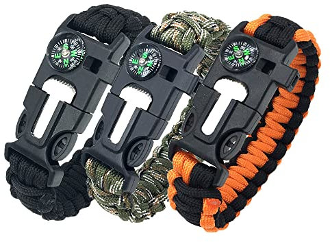 Paracord Survival Armband (3 Stück) Schwarz & Camo & Orange+Schwarz, verstellbar, praktische Fünf Funktionen, Feuerstarter, laute Pfeife, zuverlässiger Kompass, Seilschneider, zuverlässiger Paracord,,