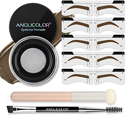 Anglicolor Eyebrow Stencil Set,Eyebrow Stencil Kit,Waterproof Eyebrow Pomade,Long Lasting Brow Pomade with Double Ended Eyebrow Brush with Sponge Applicator (03 SOFT BROWN Set, 7.5g)