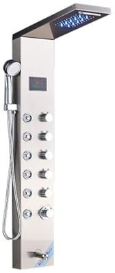 Pannello Doccia Con Luce A LED Rubinetto Cascata Soffione Doccia A Pioggia Soffione SPA Getti Massaggianti Colonna Doccia Torre Display Digitale Della Temperatura Dell'acqua,Spazzolato 8007