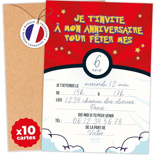 aliceandberry Einladungen Geburtstag Kinder Manga | 10 personalisierbare Karten + 10 Umschläge | Mädchen Jungen 5-12 Jahre | Organisation Party | Design Japanisches Manga Rot