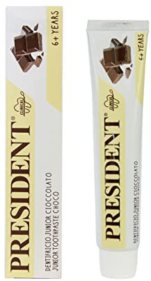 President DENTIFRICIO JUNIOR 6+ per bambini dai sei anni in su. Gusto Cioccolato, anticarie, protegge gengive e smalto dei denti. Senza parabeni, SLS, allergeni e PEG - RDA 30-50 ml
