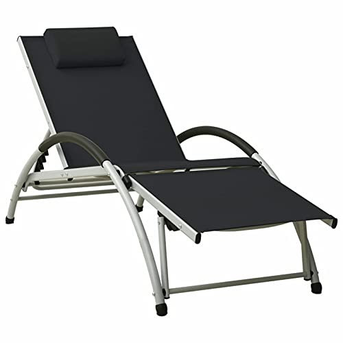 Homgoday Sonnenliege mit Kissen Gartenliege Strandliege mit Verstellbarer Rücklehne und Fußstütze Liege Relaxliege für Strand Garten Terrasse Textiline Schwarz