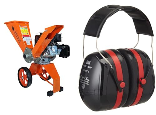 Forest Master FM6DD Benzin 4-Takt Motor Holz Garten Häcksler, 6 HP, Orange, 780 x 480 x 910 & 3M Peltor Optime III Kapselgehörschutz schwarz-rot - Größenverstellbare Ohrenschützer