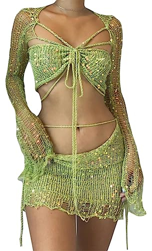 ORANDESIGNE Gonna Set in Maglia di Donne in Paillettes 2 Pezzi Scintillanti Scava Fuori Manica Lunga Crop Top Mini Abiti Sexy Y2K Gonna Copricostume da Spiaggia A Verde XS