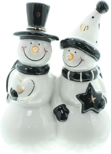 Dekoleidenschaft Dekofigur Schneemann - Paar Style aus Porzellan, schwarz, weiß, Gold, 16 cm hoch, Weihnachtsdeko, Tischdeko