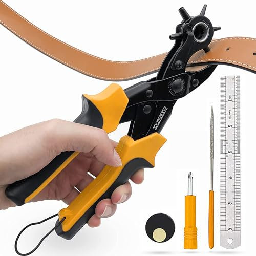 SolidStock Professionelle Lochzange für Gürtel - mit Gratis Messlatte - Ponstange - Revolverzange - Lochzange