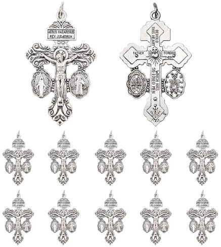 Crucifijo Católico para Hacer Rosario - Paquete de 10 - Cruz del Perdón con Medalla de San Benito y Medalla Milagrosa - Piezas para Rosarios