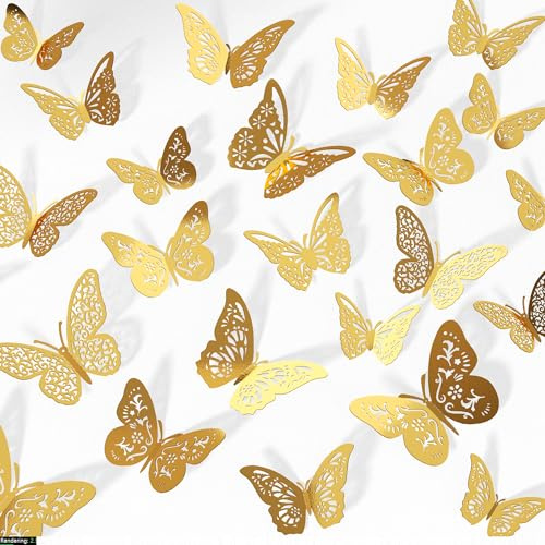Crosize 48 Pcs Gold 3D Butterfly Decorations, 4 Styles 3 Sizes, Butterfly Wall Decor, Party Decorations, Butterflies for Crafts, Bouquet, Cake Decorating, Flower Arrangements, Room Decor