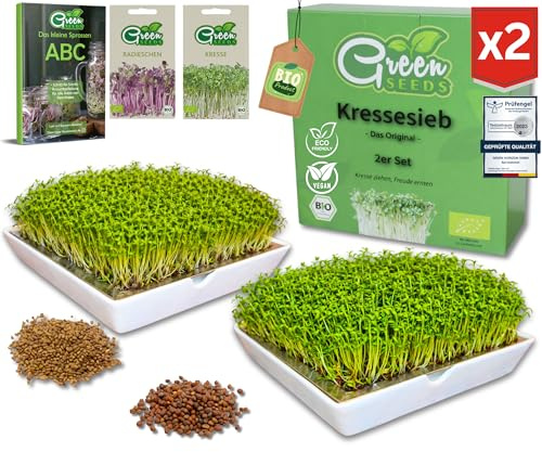Green SEEDS® Kressesieb 2er Set [Das Original] | Edelstahlsieb mit hochwertiger Keramikschale nachhaltig verpackt | Anzuchtschale 14 x 14cm + Sprossen-ABC (Druckversion) | Kresseschale Keimschale