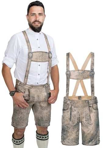 Schöneberger Trachten Couture Herren Lederhose kurz Antik, Nubuk Trachtenlederhose für Oktoberfest, Trachtenhose mit Hosenträger