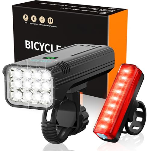 Venbok Bike Lights Front and Back, 12 LED 9000 Lumen Super Bright 13800 mAh 60H Runtime Aluminum Bicycle Headlight and 40H Runtime Rear Light, IPX6 USB Rechargeable Cycle Light Adult