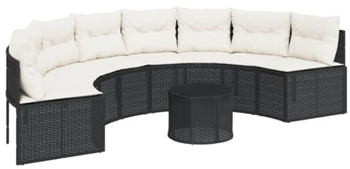 vidaXL Gartensofa mit Tisch und Kissen Halbrund Schwarz Poly-Rattan