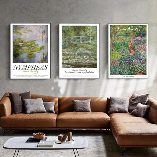 GKUVBF Ölgemälde auf Leinwand von Claude Monet, Seerosen, Irisgarten, impressionistischer Posterdruck, Wandkunst, Bild, Heimdekoration, 60 x 90 cm, 3-teilig, rahmenlos