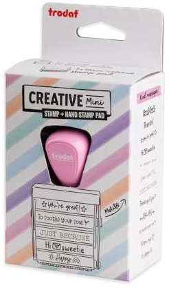 Trodat Creative Mini stämpelset barn meddelanden för kreativ design – 12 avtryck, engelska, kreativa stämplar i pastellrosa inkl. stämpelkudde i rosa, svart, grön, 30 x 5 mm