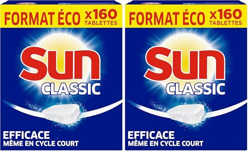Sun Pastilles Lave-Vaisselle Classic, 160 tablettes, Efficace même pendant les cycles courts et à basse température, Produit fabriqué en France (Lot de 2)