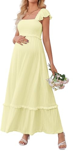 OUGES Damen Sommer Stillkleid Quadratischer Hals Ärmellos Maxi Umstandskleid für Babyparty Fotografie Kleider für Schwangere(Gelb,M)