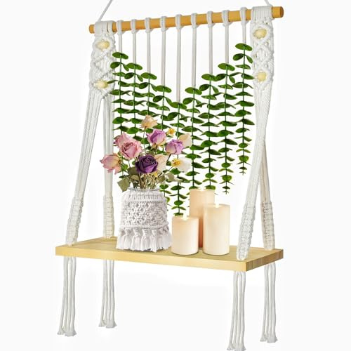 Sopicoz Macramé Hanging Shelf, Wall Floating Shelf with Eucalyptus Leaves, Display Shelf for Plants Photos Candles, Boho Chic Storage Wood Shelf, Farmhouse Decorative Shelf for Livingroom Bedroom