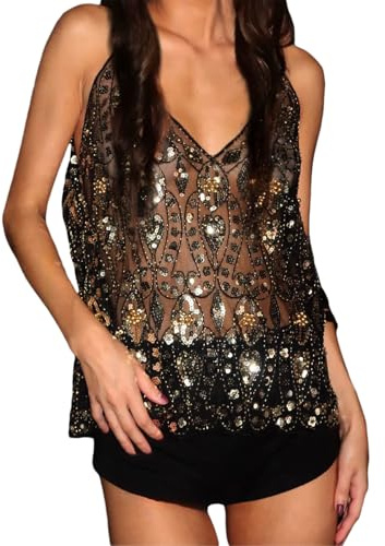 FeMereina – Débardeur à col en V transparent à paillettes pour femmes, manches courtes, avec fleurs en sequins, pour danse rave, noir/doré, S