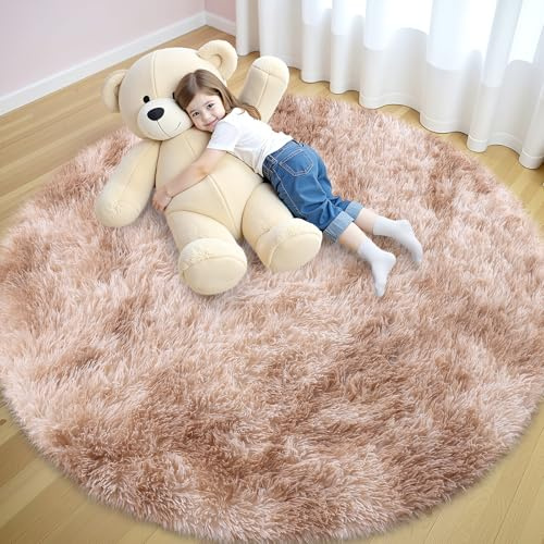 smiry Hochflor Teppich Wohnzimmer, 120cm Rund, Beige | Waschbar Anti-Rutsch Moderner Flauschiger Kuscheliger Teppich für Wohnzimmer, Schlafzimmer, Kinderzimmer
