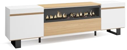 Skraut Home | Meuble TV | Banc Télé | Grand Espace de Rangement | 200x57x35cm | pour Les TV jusqu'à 80 | Cheminée électrique | Design Industriel | Style Moderne | Chêne Soft et Blanc