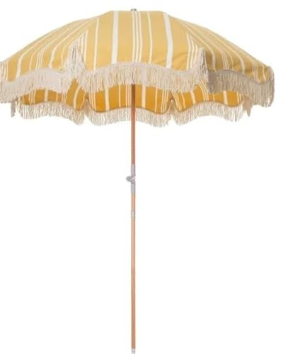 Parasol de plage à franges, 2,4 m, auvent de luxe portable avec pompons, design vintage en bois, pare-soleil d'extérieur personnalisé pour une détente d'été élégante