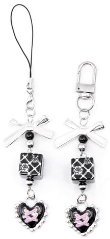 SONGCHANGJEWELRY Gothic Style Keychain with Bow, Dice and Heart Charms – Black and Pink Punk-Inspired Accessory for Bag or Phone – Trendy Gift for Fashion Lovers